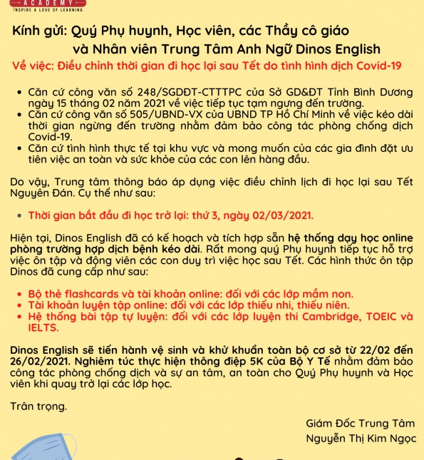 THÔNG BÁO ĐIỀU CHỈNH LỊCH HỌC SAU TẾT
